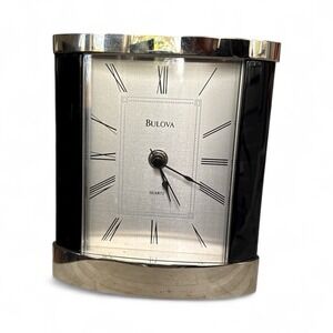Bulova Quartz Desk Mantle Clock Silver Tone Black Case Quartz Movement Clock